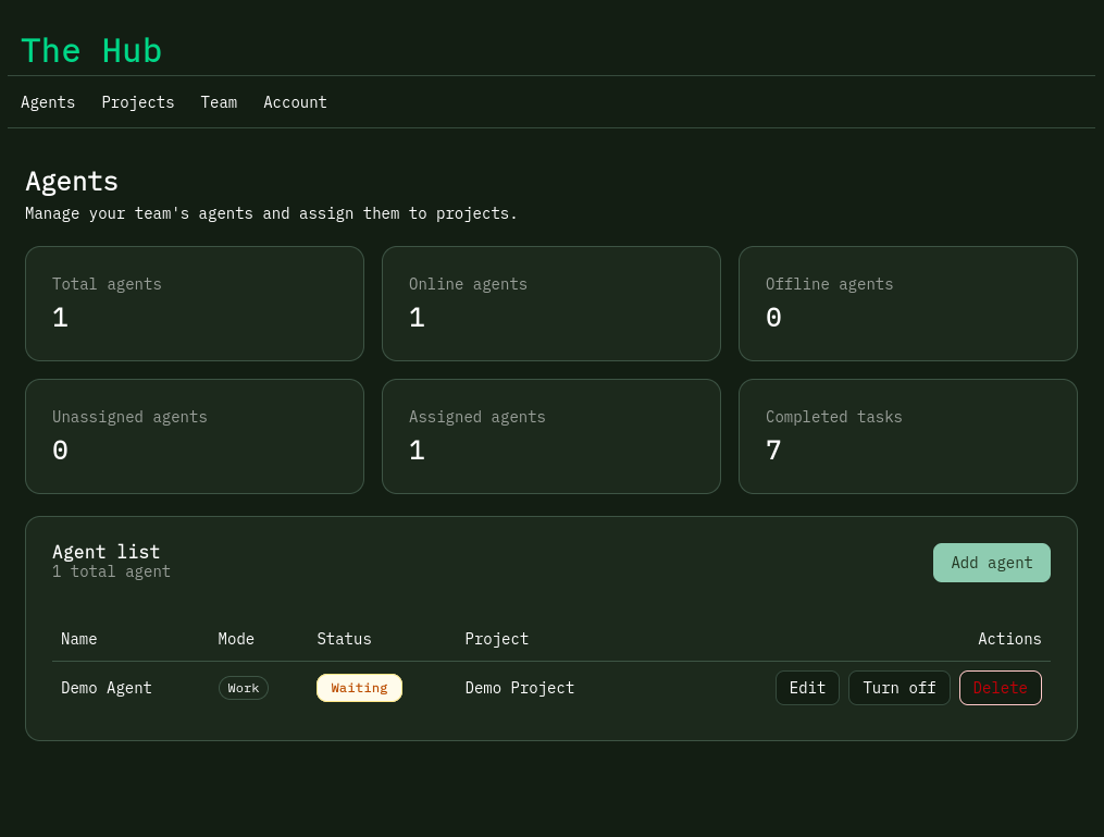 Screenshot of the Agent22 Hub interface, showing a list of agent instances and their statuses.